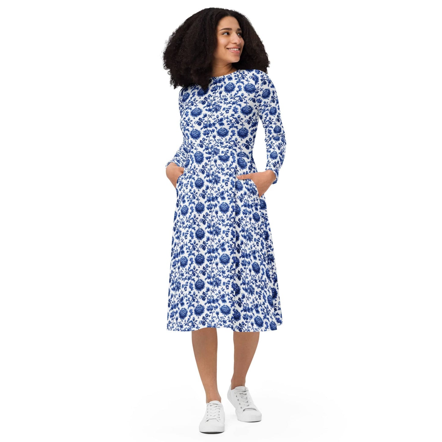 Blue Floral long sleeve midi Dress - Collections by Moke 31674725