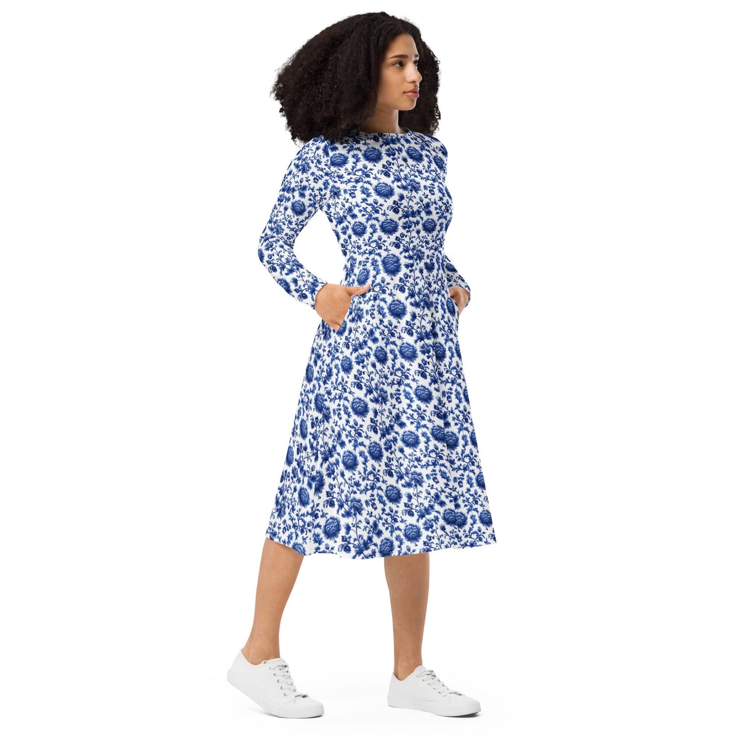 Blue Floral long sleeve midi Dress - Collections by Moke 66902545
