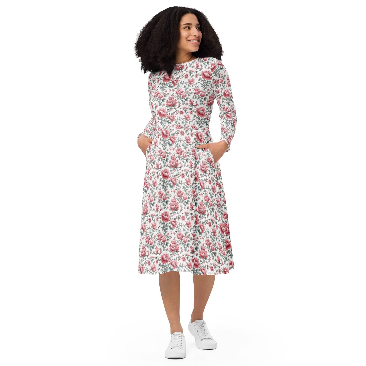 Pink-floral long sleeve midi Dress - Collections by Moke 401231