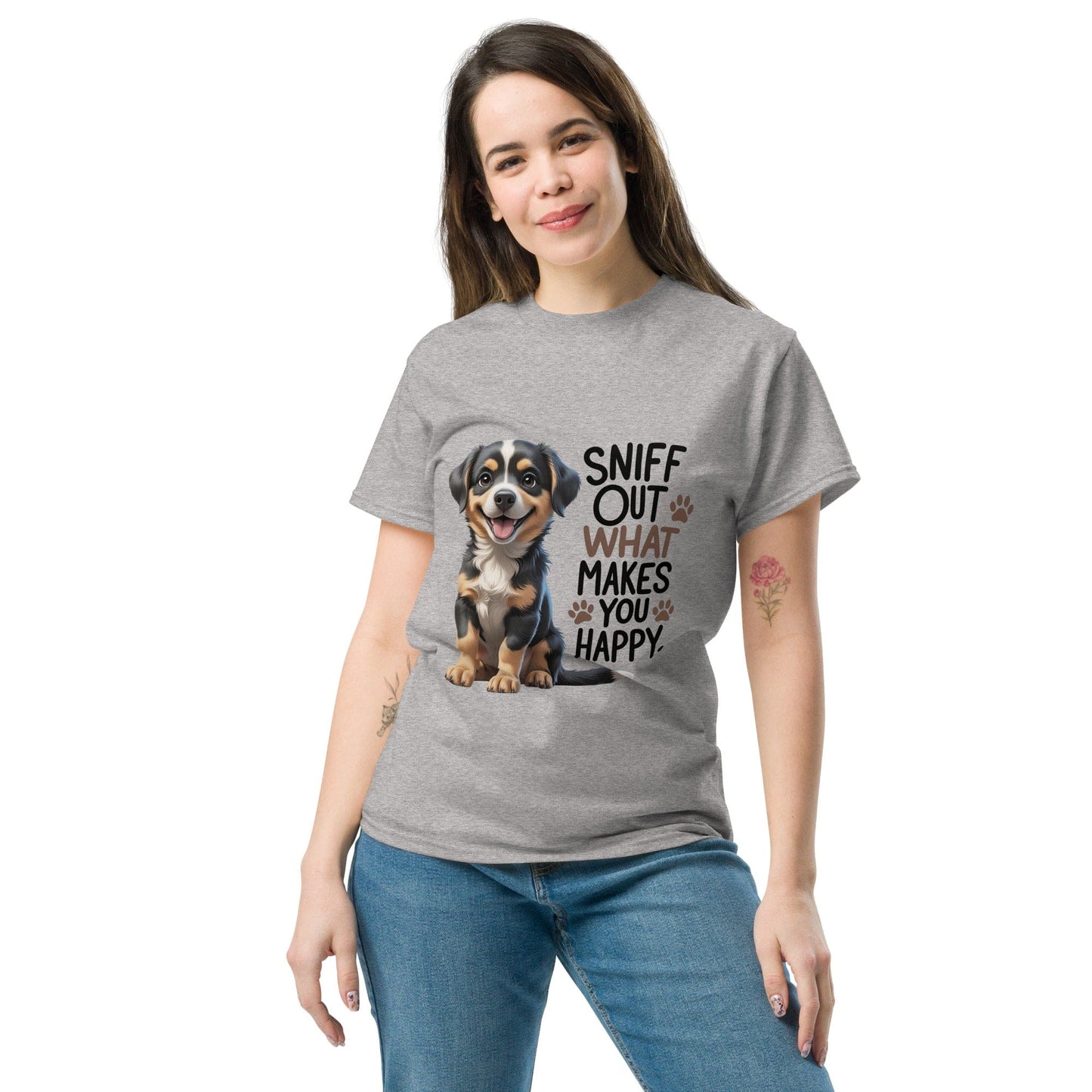 Puppy on Classic T-Shirt with "sniff out what makes you happy" - Collections by Moke 17911032