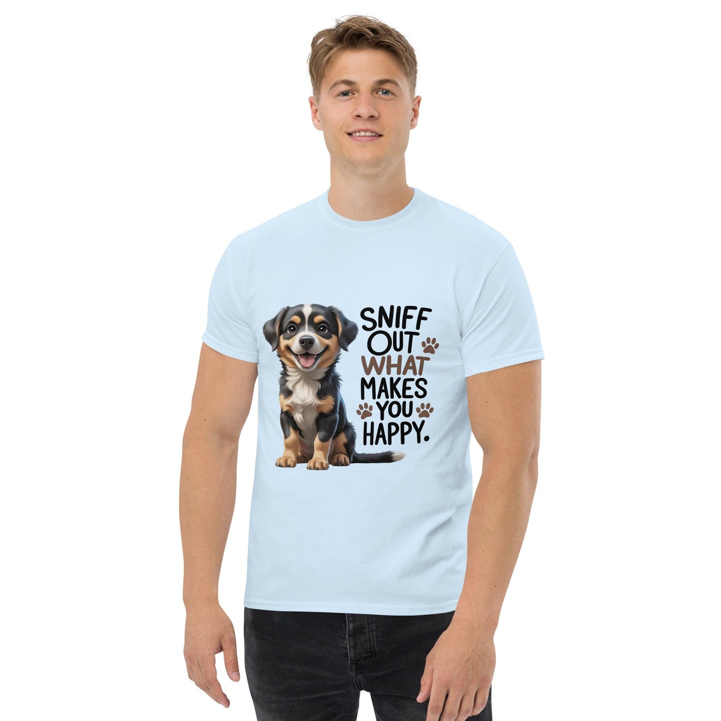 Puppy on Classic T-Shirt with "sniff out what makes you happy" - Collections by Moke 64504383
