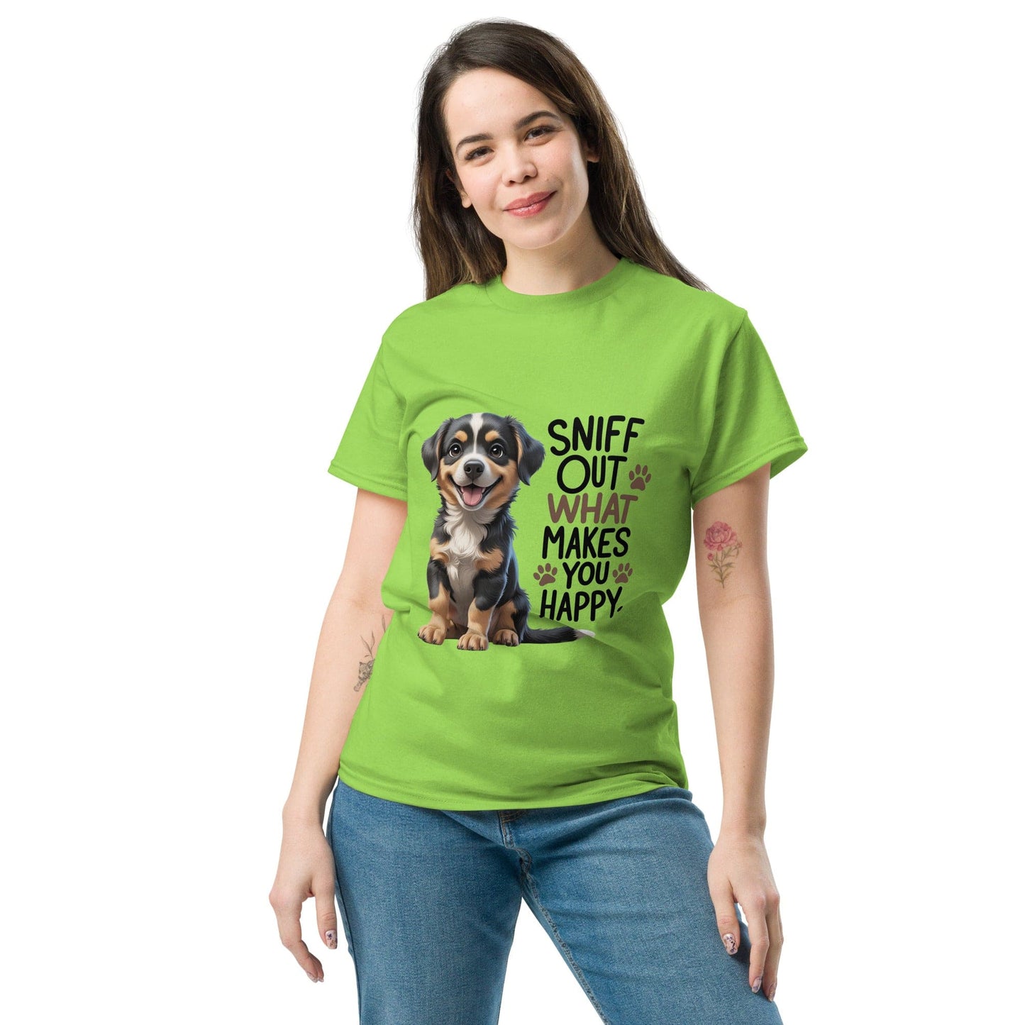 Puppy on Classic T-Shirt with "sniff out what makes you happy" - Collections by Moke 87725415