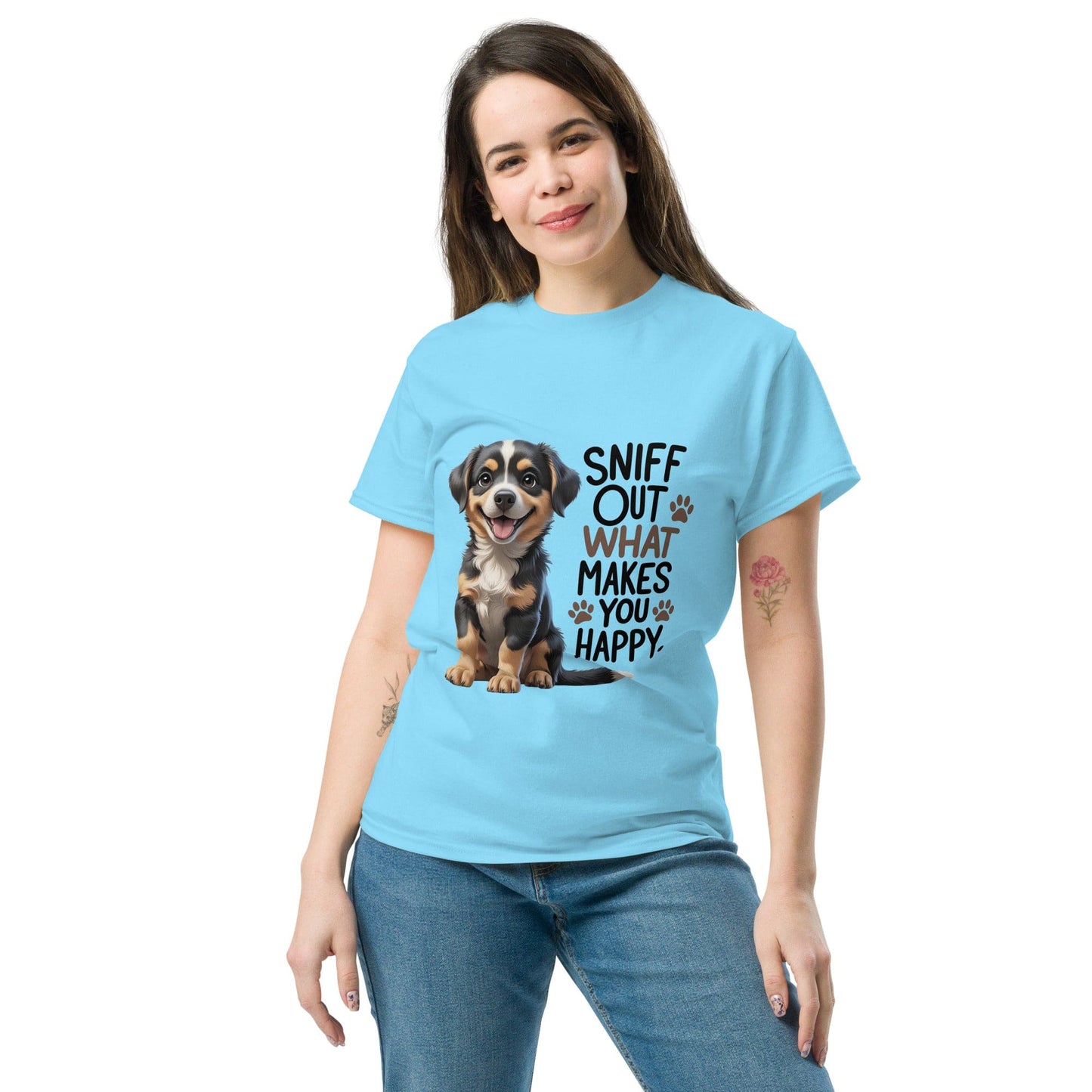 Puppy on Classic T-Shirt with "sniff out what makes you happy" - Collections by Moke 40657309