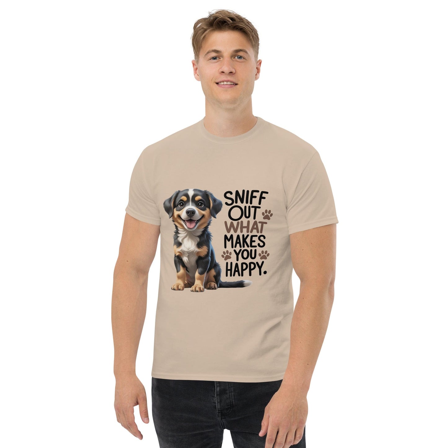 Puppy on Classic T-Shirt with "sniff out what makes you happy" - Collections by Moke 85925045