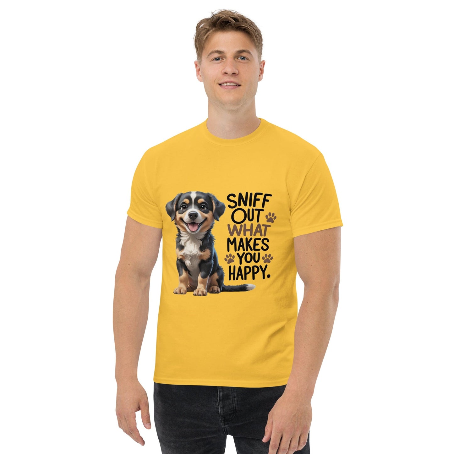Puppy on Classic T-Shirt with "sniff out what makes you happy" - Collections by Moke 75593789