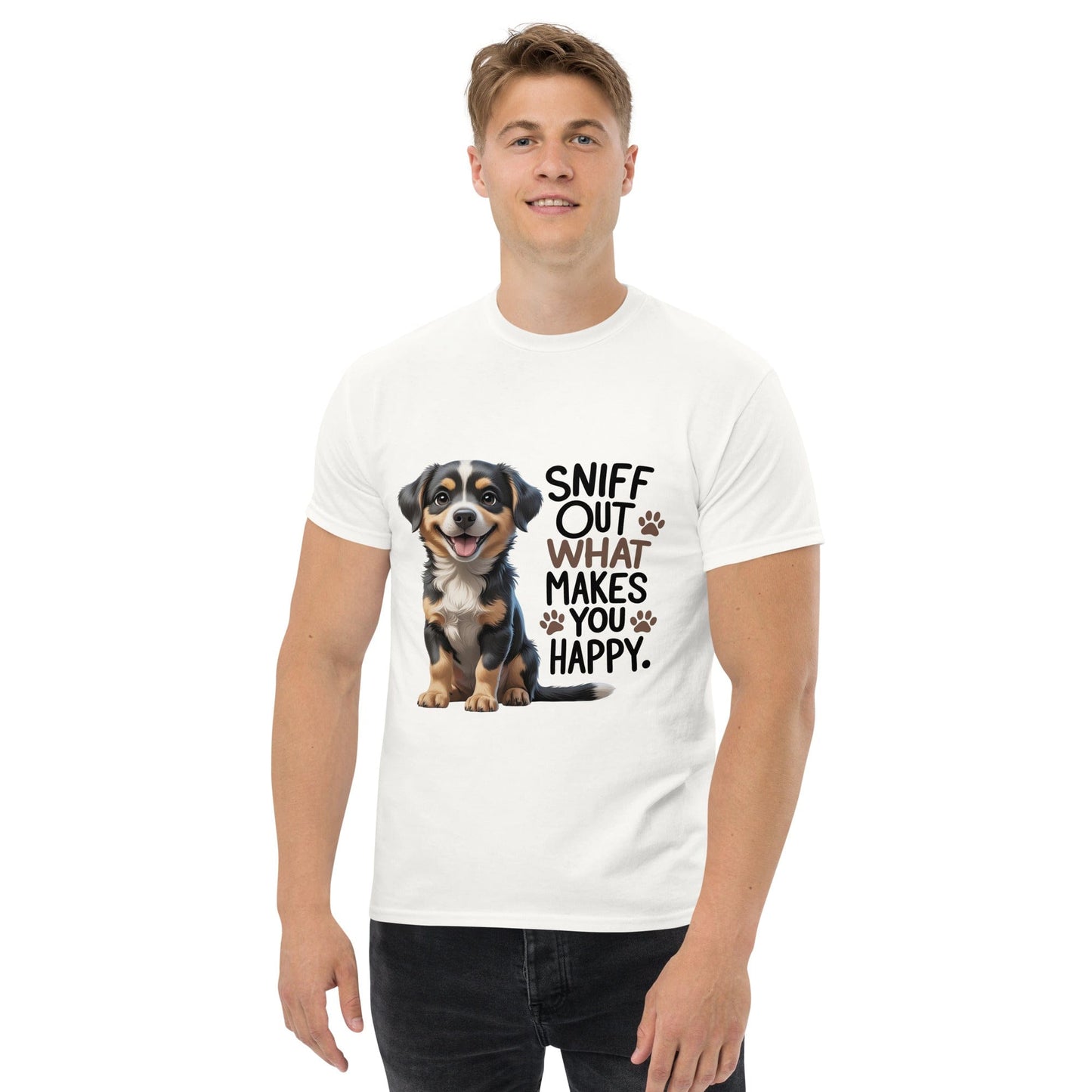 Puppy on Classic T-Shirt with "sniff out what makes you happy" - Collections by Moke 41666065