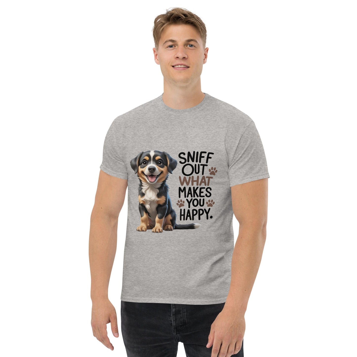 Puppy on Classic T-Shirt with "sniff out what makes you happy" - Collections by Moke 53836730