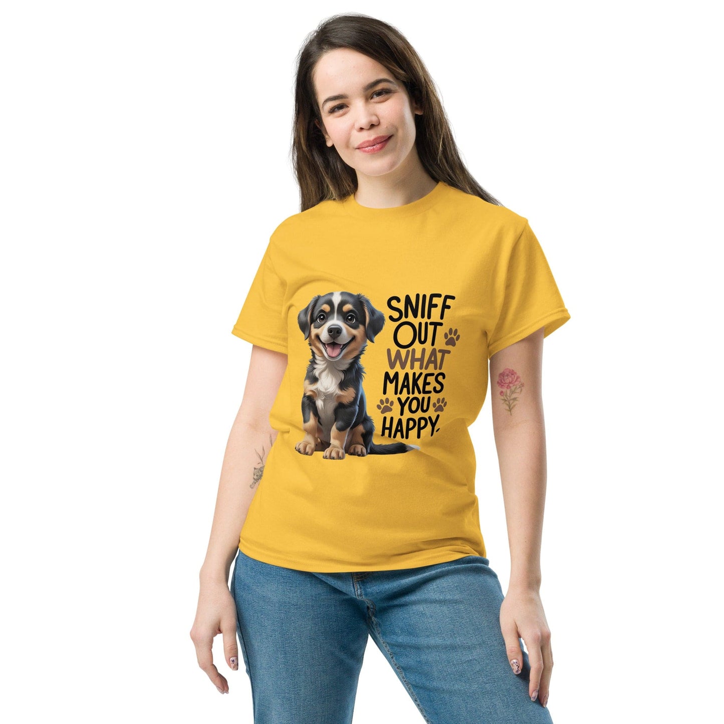 Puppy on Classic T-Shirt with "sniff out what makes you happy" - Collections by Moke 21539187
