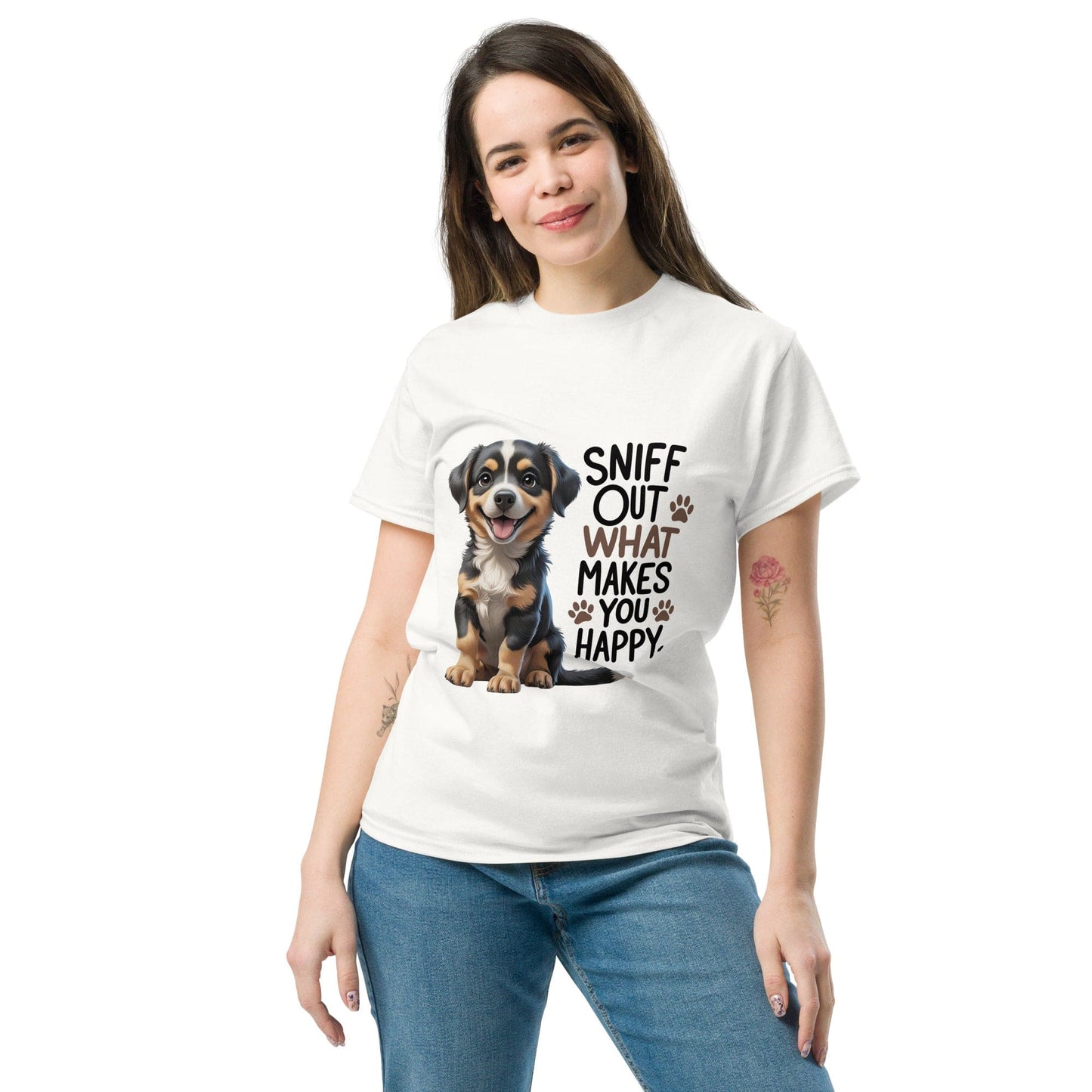 Puppy on Classic T-Shirt with "sniff out what makes you happy" - Collections by Moke 53035825