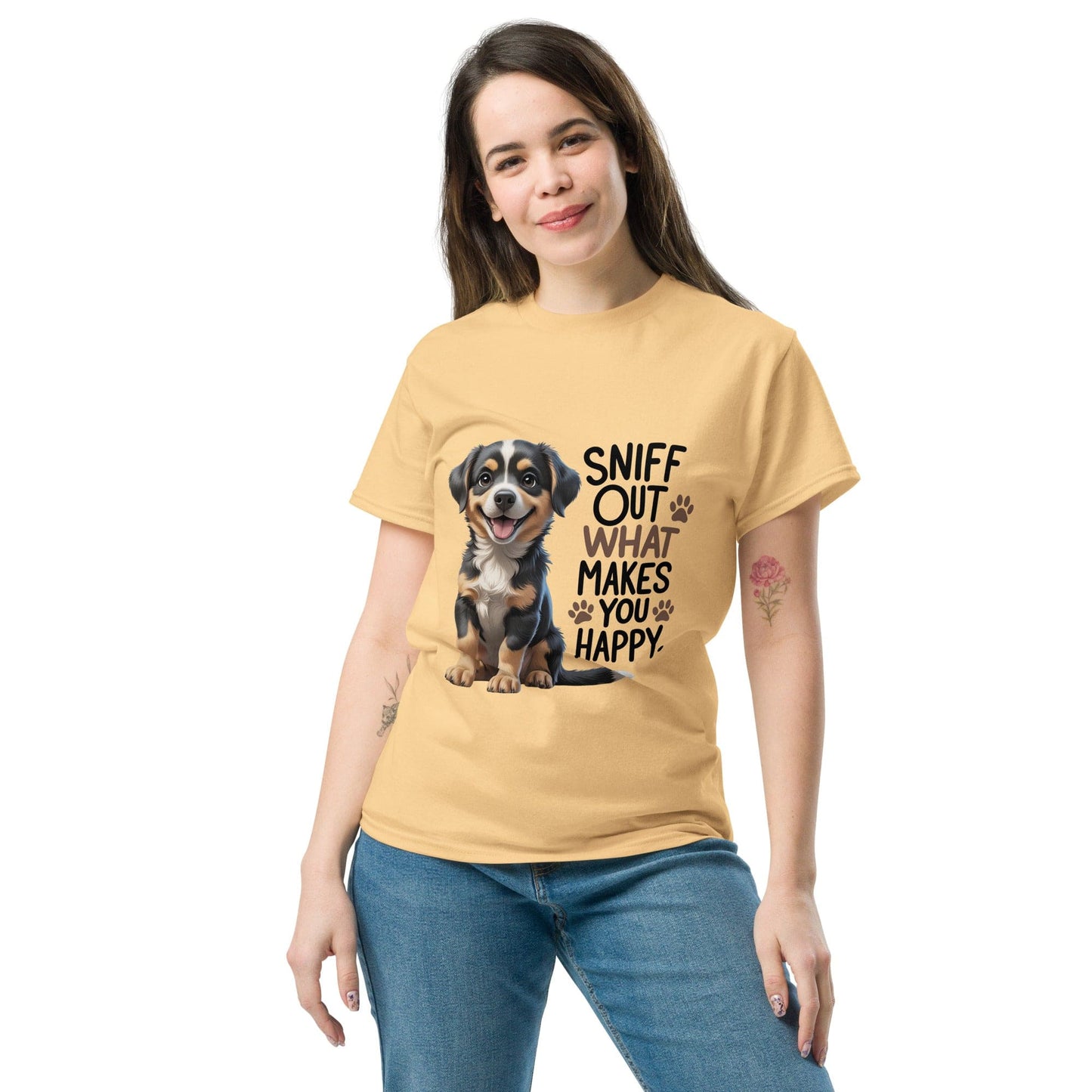 Puppy on Classic T-Shirt with "sniff out what makes you happy" - Collections by Moke 75100733