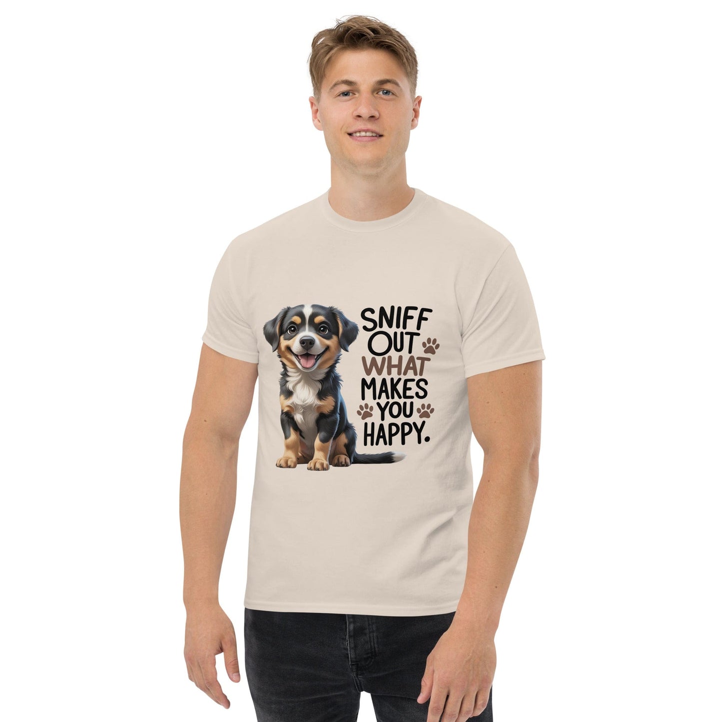 Puppy on Classic T-Shirt with "sniff out what makes you happy" - Collections by Moke 263075