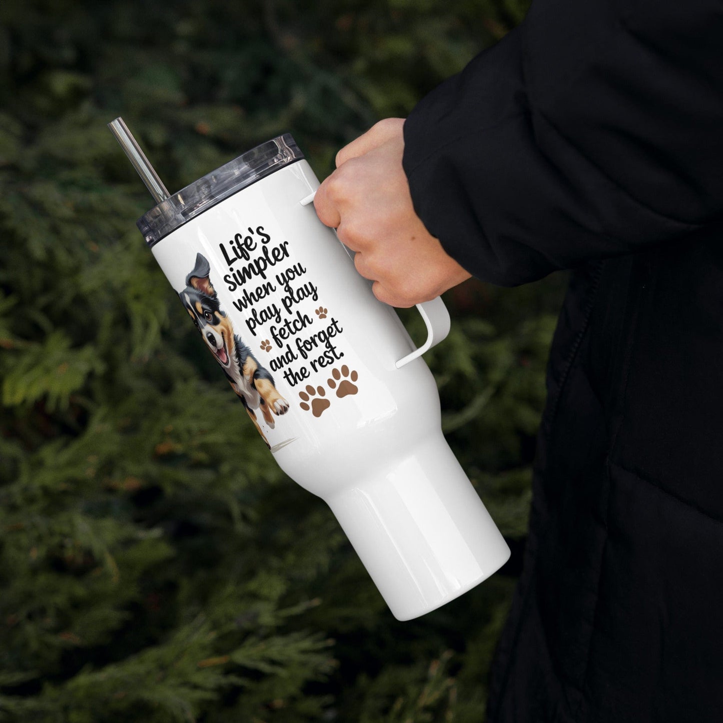 Puppy on Travel Mug with 'Life’s simpler when you play' - Collections by Moke 13046906
