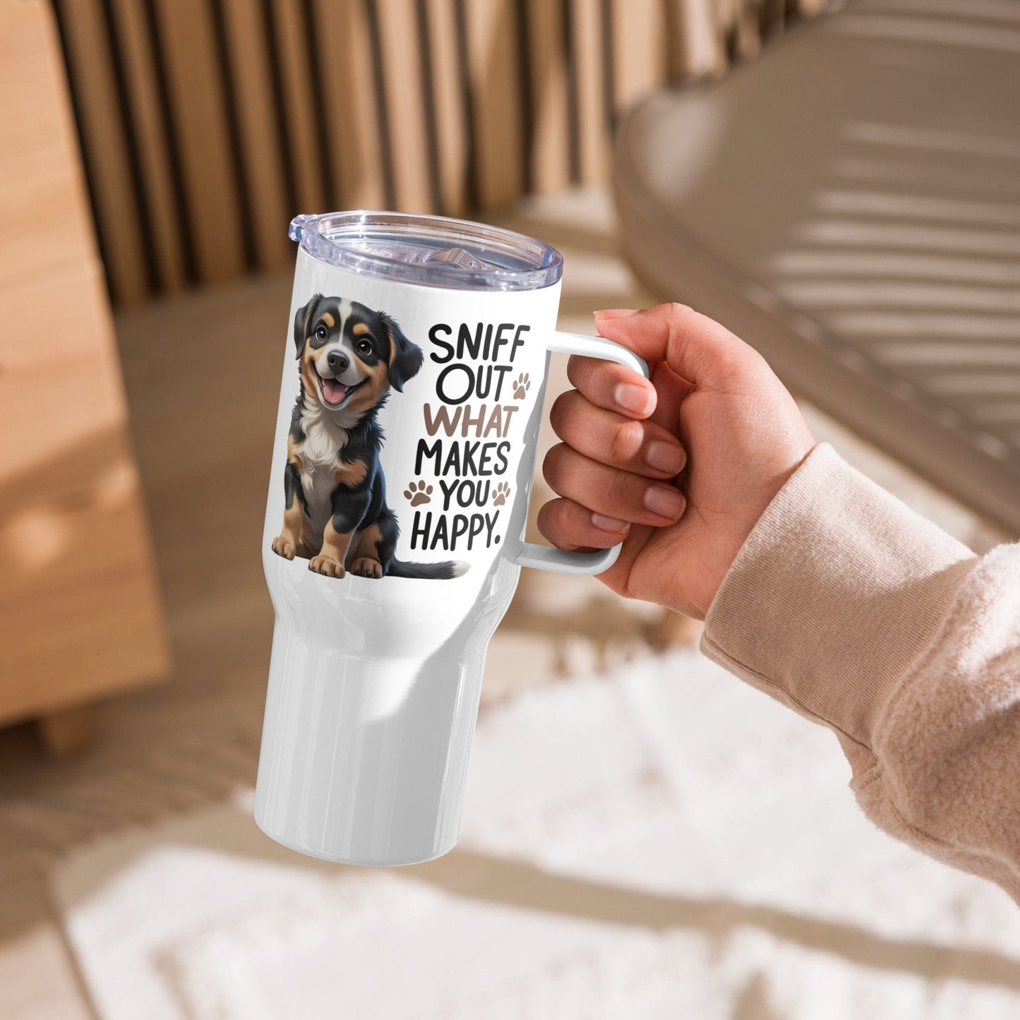 Puppy on Travel Mug with "sniff out what makes you happy" - Collections by Moke 4116785