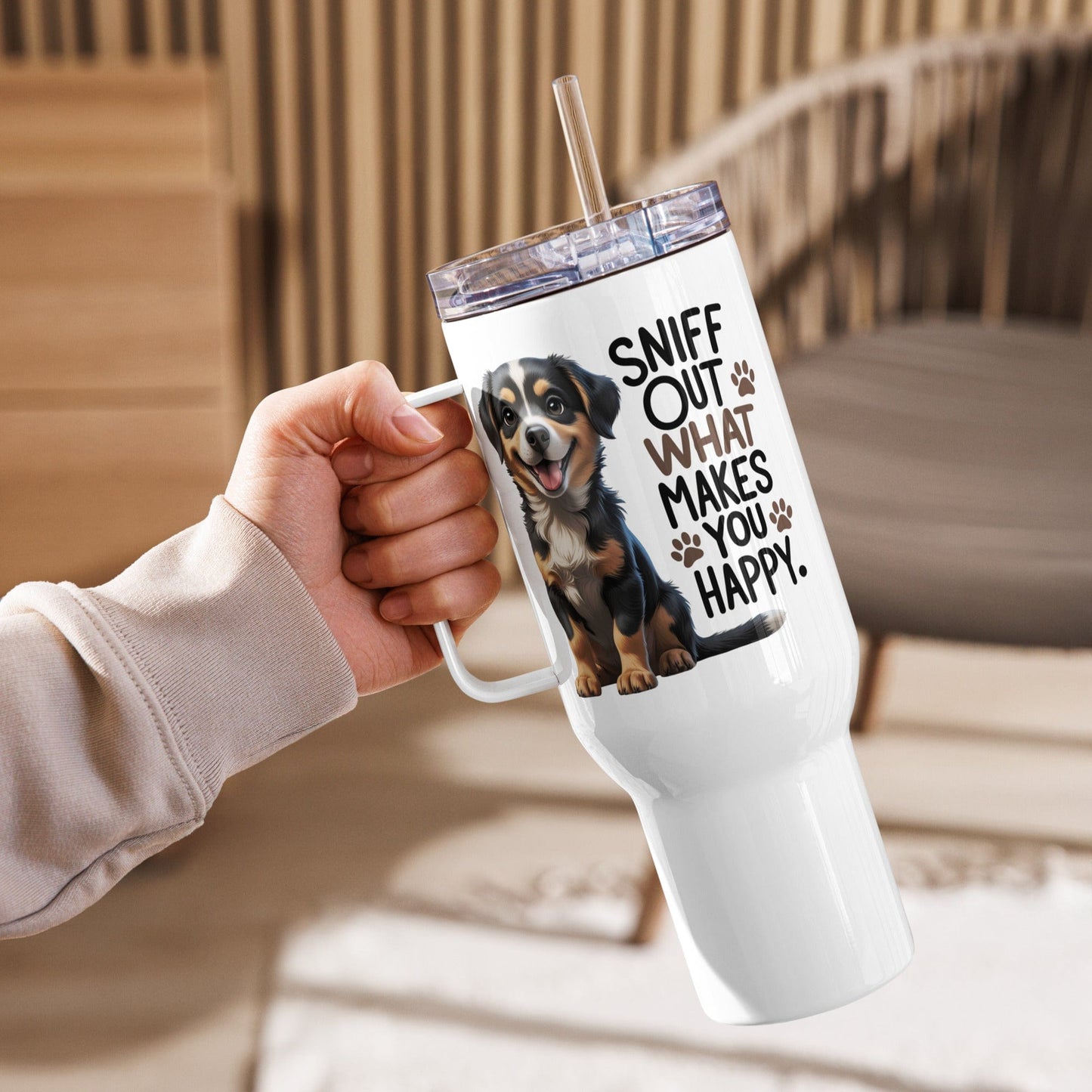 Puppy on Travel Mug with "sniff out what makes you happy" - Collections by Moke 44807910