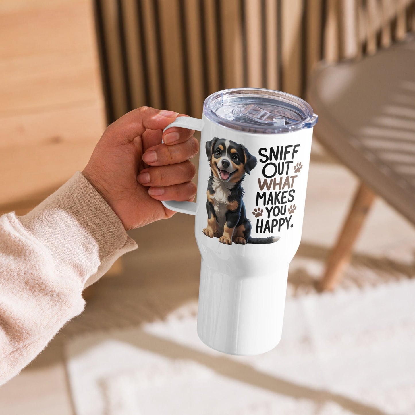 Puppy on Travel Mug with "sniff out what makes you happy" - Collections by Moke 57227325