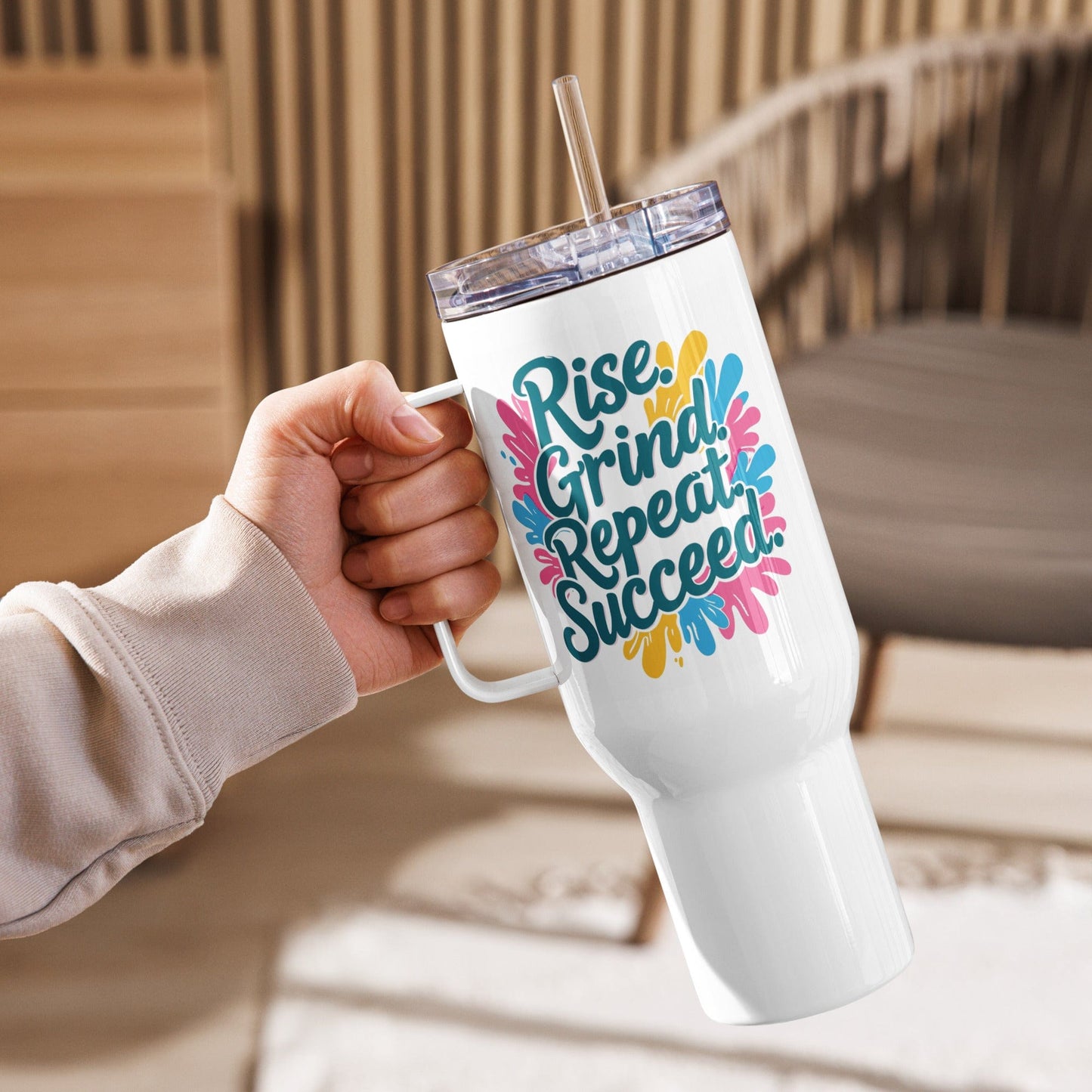 Travel Mug with handle with 'Rise. Grind. Repeat. Succeed.' - Collections by Moke 55526635