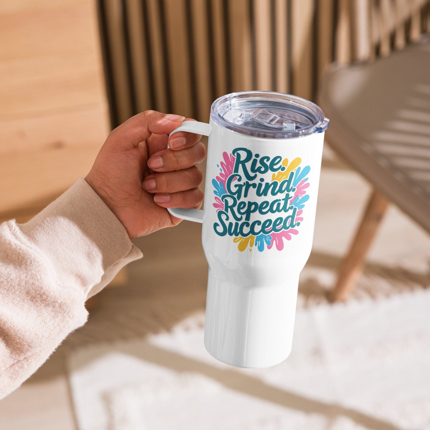 Travel Mug with handle with 'Rise. Grind. Repeat. Succeed.' - Collections by Moke 89200377