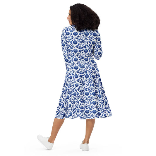 Blue Floral long sleeve midi Dress - Collections by Moke 5804334