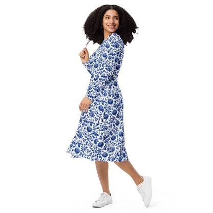 Blue Floral long sleeve midi Dress - Collections by Moke 60603258