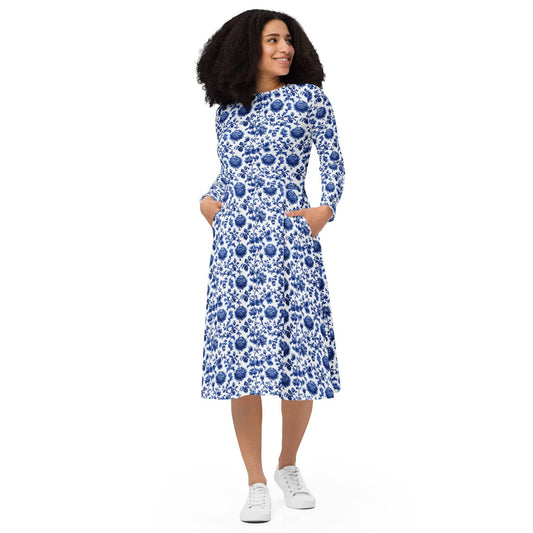 Blue Floral long sleeve midi Dress - Collections by Moke 31674725