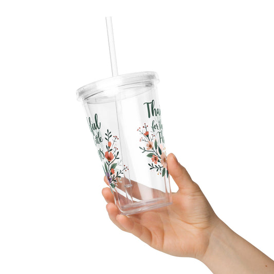 Clear plastic tumbler with phrase "Thankful for the Little Things" - Collections by Moke 44712731