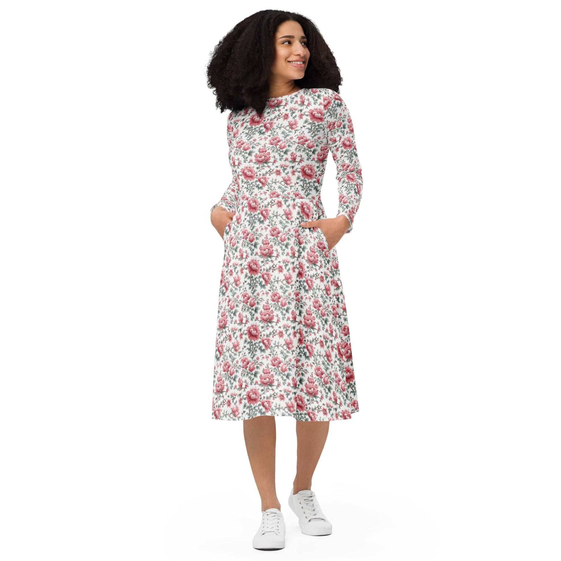 Pink-floral long sleeve midi Dress - Collections by Moke 401231