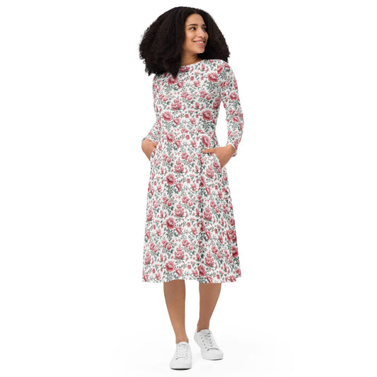 Pink-floral long sleeve midi Dress - Collections by Moke 401231
