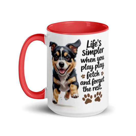 Puppy on 15oz Colourful Ceramic Mug with 'Life’s simpler' - Collections by Moke 49535707