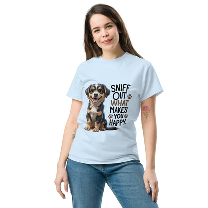 Puppy on Classic T-Shirt with "sniff out what makes you happy" - Collections by Moke 16835495