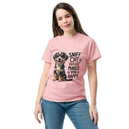 Puppy on Classic T-Shirt with "sniff out what makes you happy" - Collections by Moke 77061011