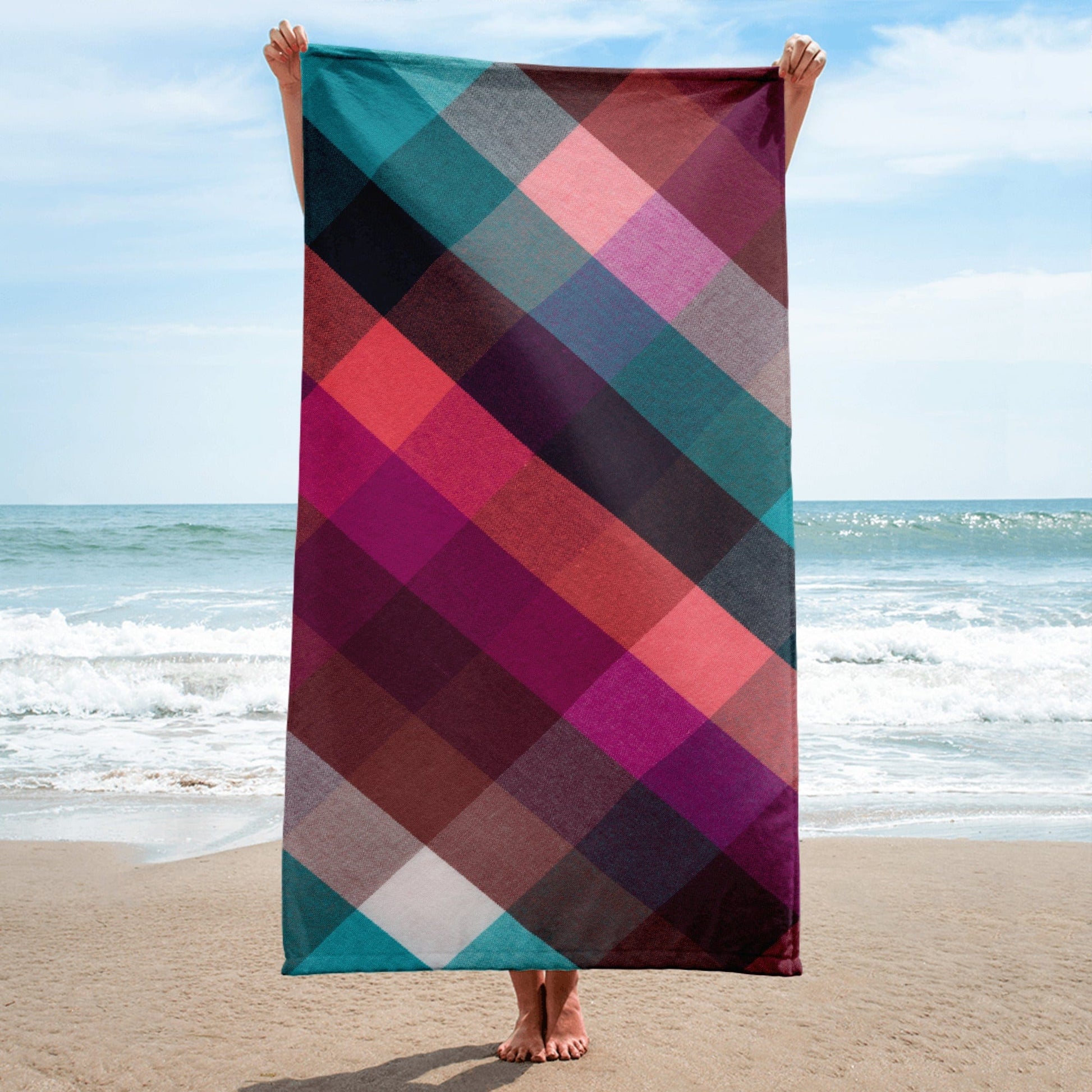 Towel with shades of pink, red, teal, brown, and white - Collections by Moke 19409029