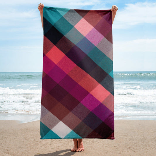 Towel with shades of pink, red, teal, brown, and white - Collections by Moke 19409029