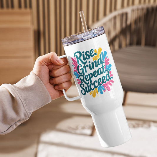 Travel Mug with handle with 'Rise. Grind. Repeat. Succeed.' - Collections by Moke 55526635