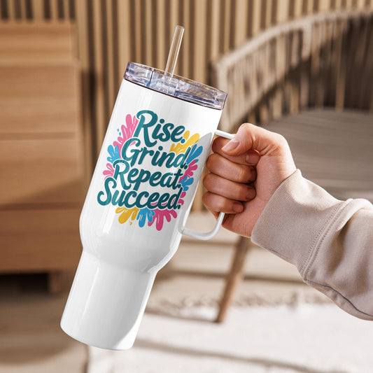 Travel Mug with handle with 'Rise. Grind. Repeat. Succeed.' - Collections by Moke 26260630