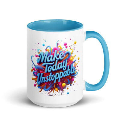 Collections by Moke Mug Blue / 15 oz (443 ml) Mug with Color Inside with 3D render of "Make Today Unstoppable"