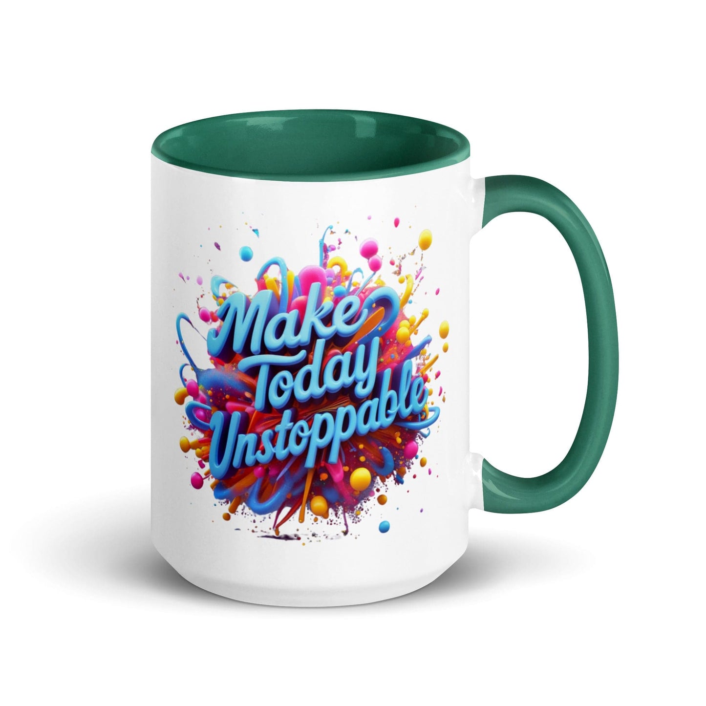 Collections by Moke Mug Dark green / 15 oz (443 ml) Mug with Color Inside with 3D render of "Make Today Unstoppable"